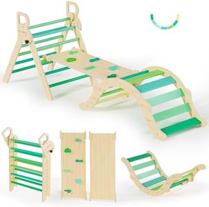 BlueWood Pikler Triangle Set, Toddler Wooden Climbing Toys Indoor 7in1 Climber, Foldable Kids Climbing Toys, Montessori Play Jungle Gym with Arch, Ramp, Ladder (Green Summer)