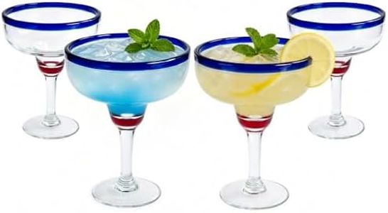 Lily's Home Unbreakable Margarita Glasses - 14 oz Shatterproof Plastic Set of 4 with Cobalt Blue Rims, Reusable Crystal Clear Stemware for Martini, Frozen Drinks, Pina Coladas & Cocktails
