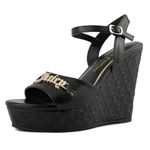 Juicy Couture Women's Wedge Sandals Featuring an Open Toe and Chic Stylish Buckle Detail on Platform, Black, 8.5