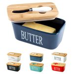 Hasense Porcelain Butter Dish with Bamboo Lid - Covered Butter Keeper with Butter Knife for Countertop, Airtight Butter Container with Cover Perfect for East West Coast Butter, Blue