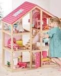 Tiny Land Wooden Dollhouse for Girls - 6 Rooms Wooden Doll House, DIY Pretend Dream House with 30Pcs Furniture Accessories, Gift for Girl Ages 3+