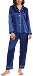 Vlazom Pyjamas for Women, Soft Satin Long Sleeve Pjs Set Two Piece Silk Pyjamas Classic Button Down Sleepwear Loungewear for All Seasons Navy Blue,M