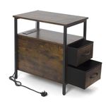 Joyyko Bedside Table with Charging Station & USB Ports, Narrow Side Table with 2 Drawers, Rustic Brown Nightstand with Storage for Living Room and Bedroom, 60x35x61cm