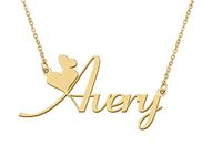 18k Gold Plated Avery Heart Name Pendant Charm Necklace for Womens Birthday Graduation Stainless Steel Jewelry