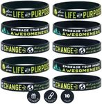 (10-Pack) Positive Message Wristbands - Be The Change You Wish to See in The World Embrace Your Inner Awesomeness & Live Your Life with Purpose - Bulk Wholesale Lot of Silicone Bracelets