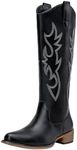 Jeossy Women's Black Cowboy Boots Embroided Western Cowgirl Boots Square Toe Knee High Pull on Wide Calf Shoes with Inside Zipper Size 11 (DJY9809 black 11)