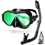 Odoland Snorkel Set for Adults, Anti-Leak Collapsible Dry Top Snorkeling Gear, Anti-Fog Tempered Glass Snorkel Mask for Snorkeling, Swimming Scuba Diving for Men and Women,Green