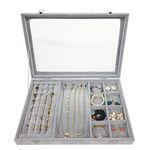 BesyPro Ice Velvet Jewelry Organizer Box for Women Girlfriend Wife,Clear Lid Earrings Rings Necklace Bracelets Jewelry Tray Storage Case Grey