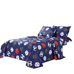 WPM WPM Kids Collection Bedding 3 Piece Blue Twin Size Sheet Set with Flat Fitted Sheets Pillow sham Football Soccer Baseball Basketball Fun Sports Design (Football, Twin Sheet Set)