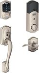 Schlage Connect Camelot Touchscreen Deadbolt with Built-in Alarm and Handleset Grip with Accent Lever, Satin Nickel, FE469NX Acc 619 CAM RH