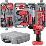 Hi-Spec 58pc Red 8V Electric Drill Driver & Household Tool Kit Set. A DIY Cordless Power Screwdriver