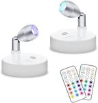 KINDEEP RGB Wireless LED Spotlight, Battery Operated Accent Lights, Indoor Mini Puck Light, Dimmable Uplight with Remote, 4000K Warm White, Stick on Wall Light with Rotatable Head, Silver, 2 Pack