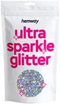 Hemway Premium Ultra Sparkle Glitter Multi Purpose Metallic Flake for Arts Crafts Nails Cosmetics Resin Festival Face - Silver Holographic Stars & Moons - Ultrafine (1/128" 0.008" 0.2mm) 100g / 3.5oz