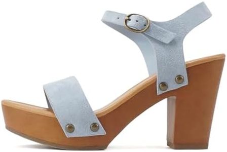 Soda CHIVAS ~ Women's Bold Buckles Studded Wedge Sandal, Baby Blue Suede, 8