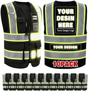 Jykuvtf Custom Safety Vest with Logo, Hi-Vis Reflective Work Vest with Pockets, Personalized High Visibility Vest, Enhanced Visibility for Construction, Road Work and Job Sites, Black 10pack