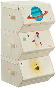 SONGMICS Cajas de Juguetes para Niños, Juego de 3 Cajas de Almacenamiento Apilables y Plegables, con Asas y Tapa Magnética, Habitación Infantil y Cuarto de Juegos, Tema del Espacio, Beige RLB700M01
