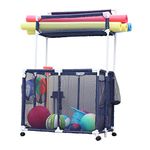 Essentially Yours Pool Storage Equipment Organizer Holder - Noodles, Toys, Balls, Floats Mesh Rolling Double Decker Bin, Large with Noodle Holder, (35.3" W x 23" L x 59.4" H), Blue/White Style 561935