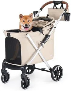 Beberoad Pets X6 Luxury Dog Stroller for Medium Dogs, All-Terrain Foldable Dog Stroller with 180° Canopy, 4-Wheel Shock Absorption (Beige)