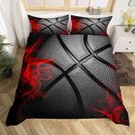 Basketball Duvet Cover Set Sports Theme Bedding Set 3pcs for Kids Boys Teens Red Flame Basketball Comforter Cover Queen Size Game Room Bedspread Cover with 2 Pillowcases (No Comforter)