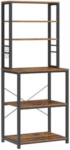 VASAGLE Estantería de Cocina, Estantería de Panadería, 6 Estantes y 6 Ganchos, para Microondas, Marco de Acero, Industrial, 40 x 60 x 167 cm, Marrón Rústico y Negro Tinta KKS024B01