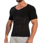 SLIMBELLE Men's Body Shaper Compression Shirt Elastic Slim Shapewear V-Neck Compression Undershirts Tummy Control Waist Trainer Compression Tops for Men