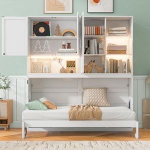 Merax Twin Size Wall Murphy Bed with Top Cabinet, Shelves, Space Saving Foldable Bed with Light & USB, White