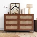 Merax Walnut Modern Rustic Wood Dresser with 6 Drawers,Rattan Wide Chest for Closet, Clothes, Kids, Baby, TV Stand, 47 Inch