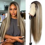 SOMIARIK Brown Lace Front Wigs, 13x6 Synthetic Lace Front Wigs Ash Blonde Highlight with Brown Roots Straight Wig for Women Pre_plucked with Natural Hairline Heat Resistant Daily Party Use 26 Inches