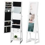 HOMCOM Jewellery Cabinet, Standing Mirror with LED Lights, Full-Length Mirror with Storage Drawers, Hooks and Shelves, Make-Up Armoire, Jewellery Organiser for Bedroom, White