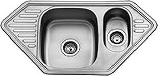 ARA CHOICE Twin 1.5 Bowls Stainless Steel Reversible Large Double Butterfly Kitchen Utility Corner Sink Catering & Waste Plumbing Kit with Drainer & Inset Wastes Set