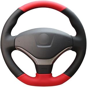 MEWANT Car Steering Wheel Cover for Peugeot 308 (top and Bottom red Leather + Both Sides Black Leather + red Thread)