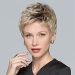 Blonde Short Pixie Cut Wigs with Bangs Layered Cut Natural Curly Wave Synthetic Hair Dark Root Wig for White Women with Wig Cap for Daily Use