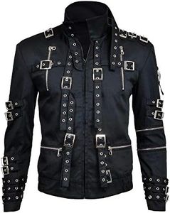 LP-FACON Mens Michael Bad Jacket Metal Rock Concert King Of Pop Retro Belted Black Cosplay Costume Cotton, D4) Black Cotton Jacket, Medium