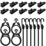 Vashly Bungee Cords with Hooks 18 Inch Bungee Cords 10 PCS with Tarp Clips 10 PCS, Black Bungee Straps with Double J Hooks for Bikes Tie Downs Camping Cargo Luggage Outdoor(20 Pack)