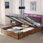 AMERLIFE Queen Size Lift Up Bed Frame with Linen Upholstered & LED Light & Storage Headboard, Platform Bed Frame with Charging Station, No Box Spring Needed, Noisy Free, Rustic Brown