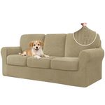 CHUN YI 7 Piece Stretch Sofa Cover, 3 Seater Couch Slipcover with Three Separate Backrests and Cushions with Elastic Band, Checks Spandex Jacquard Fabric(Large,Sand)