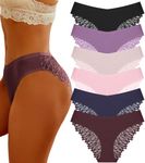 FINETOO 6 Pack Sexy Underwear for Women Silky Seamless No Show Panties Ladies Lace Bikini Lightweight Cheeky Hipster, Black & Grape Purple & Dark Blue & Purple & Khaki & Pink, X-Large