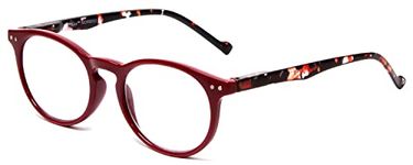 Calabria MDR8003 Womens Round Reading Glasses Ladies Single Power Readers Trendy Chic Classic Eyeglass Designer Cute Stylish, Maroon Red, Medium