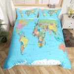 Homewish World Map Duvet Cover Single Multicolored Bedding Set 3D Geography Blue Ocean Bedroom Decor Comforter Cover America Europe Asia Africa Quilt Cover