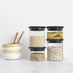 Brabantia 4pc Stackable Glass Food Jars (Dark Gray) 2x 0.07 & 2x 0.13 Gal Heat-Safe, Dishwasher-Safe, Air-Tight Pantry Organizers