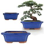 MUZHI 3 Pack Ceramic Rectangular Bonsai Tree Planter Pot Set 6”+7”+9”, Cactus Succulent Planter Blue Glazed with Mesh Hole Screens