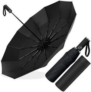 Paraguas Plegable Automático, Paraguas Plegable Antiviento, Paraguas Grande 12 Varillas para Hombres Mujer, Diámetro 105cm (Negro)