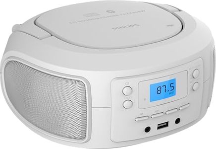 Philips CD Player Portable with Bluetooth, Crystal Clear Sound Top Loading CD Bombox with FM Radio, USB Port & Aux Input, Compact & Lightweight Design,R/CD-RW/MP3 Compatible (White)