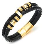 COOLSTEELANDBEYOND Mens Double-Row Braided Leather Bracelet Bangle Wristband with Stainless Steel Ornaments, 8.27 inches, Black Leather, not-applicable