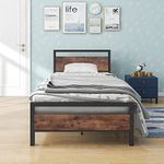 BOFENG Twin Bed Frame with Wood Headboard Farmhouse Bed,Single Bed Frame,Heavy Duty Metal Platform Bed Frame Twin Size No Box Spring Needed,Firm Mattress Foundation,Brown