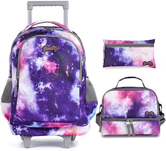 seastig Rolling Backpack 18in Double Handle Backpack Kids Wheeled Backpack Roller Backpack with Lunch Bag Set Girls Boys, Purple starry sky, 18in, Kids Rolling Backpack