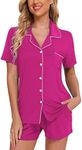 Pjmlifecoco Women Pajamas Set Soft Button Down Sleepwear Short Sleeve Pjs Set Loungewear with Pockets, Rose Red, Small