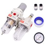 RIH Pneumatics Compressed Air Filter Regulator Lubricator Combo Water/Oil Trap Separator - Gauge(0-150 psi), Semi-Auto Drain, Poly Bowl,Bracket - 3 in 1 Two Unit (1/4" NPT)