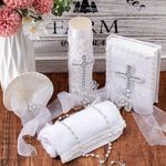 5 Pcs Baptism Candle Set for Boys Girls Included Candle Baptismal Devotional Candle, Baptism Towel, Rosary, Bible, Shell Kit with Pearls Details for Christenings Favor (Cross,Silver)