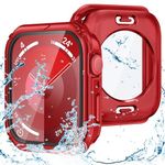 Goton 2 in 1 Waterproof Rugged Case for Apple Watch Series 8 Series 7 45mm Screen Protector, 360 Protective Glass Face Cover Hard PC Bumper + Back Frame for iWatch 7 8 Accessories 45 mm Red